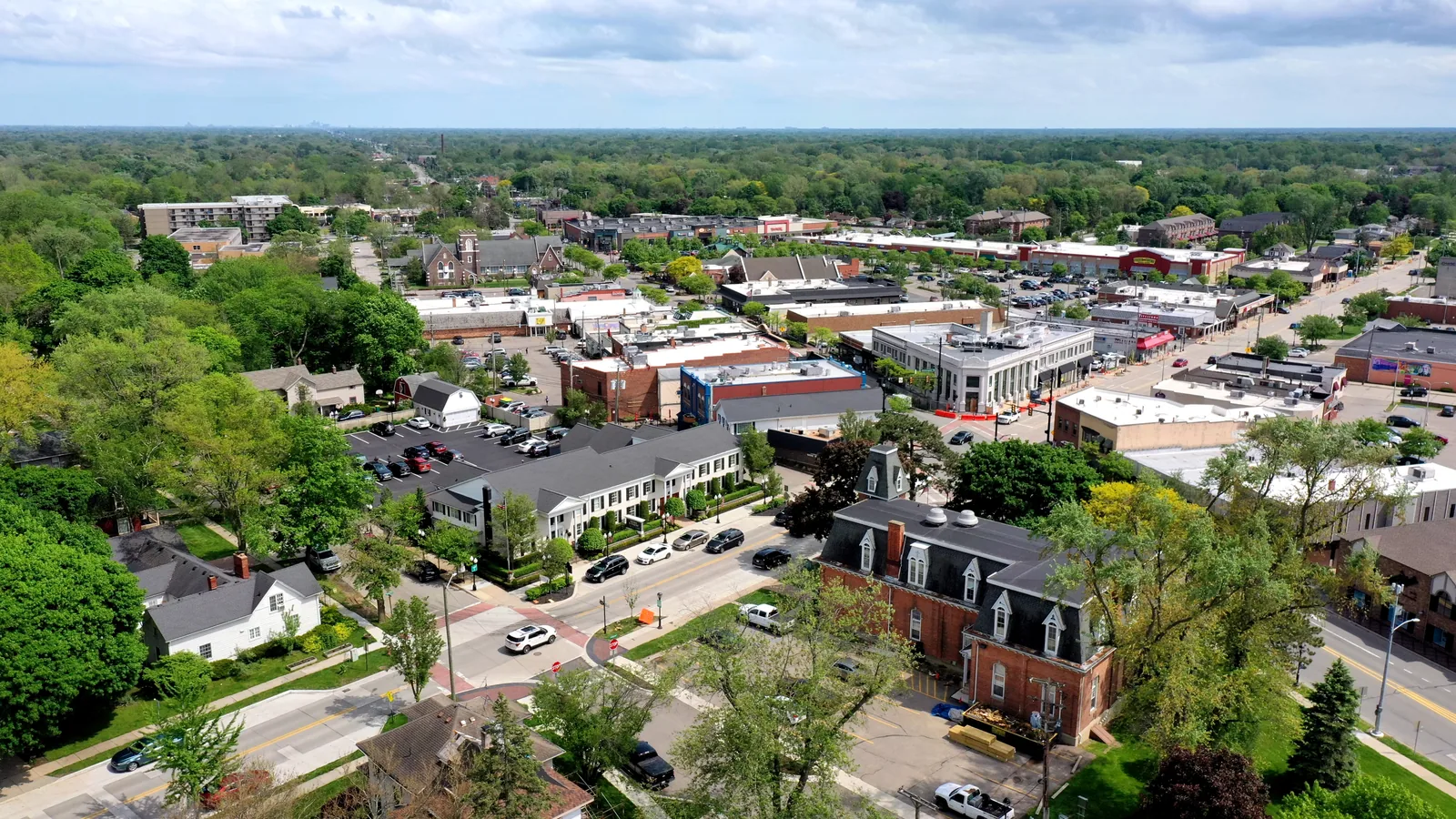 Aerial view looking south over downtown Farmington, Michigan.